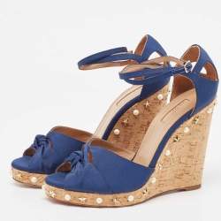 Pre Owned Aquazzura Blue Grosgrain Embellished Harlow Wedge Sandals Size 41
