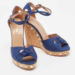 Pre Owned Aquazzura Blue Grosgrain Embellished Harlow Wedge Sandals Size 41