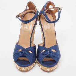 Pre Owned Aquazzura Blue Grosgrain Embellished Harlow Wedge Sandals Size 41
