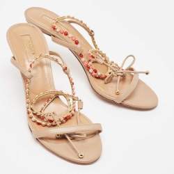 Pre Owned Aquazzura Beige Leather Livia Ankle Tie Sandals Size 38