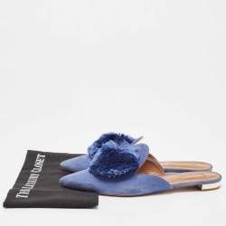 Pre Owned Aquazzura Blue Suede Pompom Flat Mules Size 41