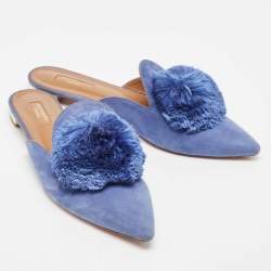 Pre Owned Aquazzura Blue Suede Pompom Flat Mules Size 41