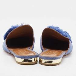 Pre Owned Aquazzura Blue Suede Pompom Flat Mules Size 41