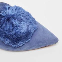Pre Owned Aquazzura Blue Suede Pompom Flat Mules Size 41