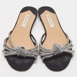Pre Owned Aquazzura Black Glitter Crystal Embellished Slide Flats Size 39