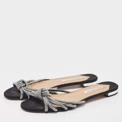 Pre Owned Aquazzura Black Glitter Crystal Embellished Slide Flats Size 39