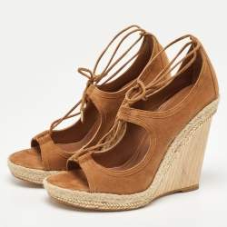 Pre Owned Aquazzura Brown Suede Sexy Thing Cutout Wedge Sandals Size 37.5