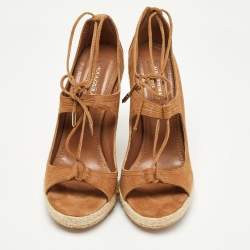 Pre Owned Aquazzura Brown Suede Sexy Thing Cutout Wedge Sandals Size 37.5