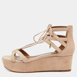 Pre Owned Aquazzura Beige Suede Wedge Strappy Sandals Size 38