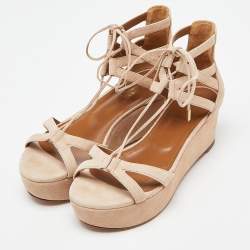 Pre Owned Aquazzura Beige Suede Wedge Strappy Sandals Size 38
