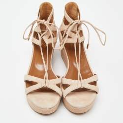 Pre Owned Aquazzura Beige Suede Wedge Strappy Sandals Size 38