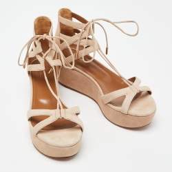 Pre Owned Aquazzura Beige Suede Wedge Strappy Sandals Size 38