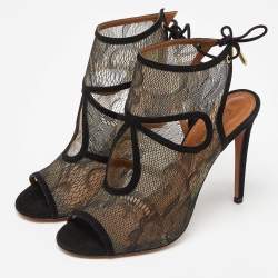 Pre Owned Aquazzura Black Lace and Suede Sexy Thing Sandals Size 38