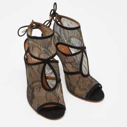 Pre Owned Aquazzura Black Lace and Suede Sexy Thing Sandals Size 38
