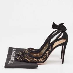 Pre Owned Aquazzura Black Lace and Suede Bow Ankle Tie Pumps Size 40