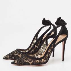 Pre Owned Aquazzura Black Lace and Suede Bow Ankle Tie Pumps Size 40