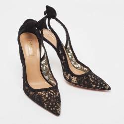 Pre Owned Aquazzura Black Lace and Suede Bow Ankle Tie Pumps Size 40