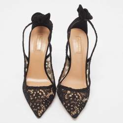 Pre Owned Aquazzura Black Lace and Suede Bow Ankle Tie Pumps Size 40