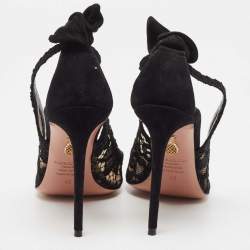 Pre Owned Aquazzura Black Lace and Suede Bow Ankle Tie Pumps Size 40