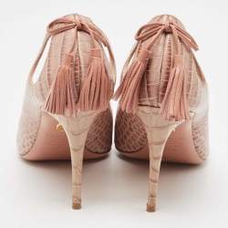 Pre Owned Aquazzura Beige Python Embossed Leather Ankle Tie Up Pointed Toe Pumps Size 40.5