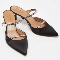 Pre Owned Aquazzura Black Satin Crystal Embellished Mule Sandals Size 36.5