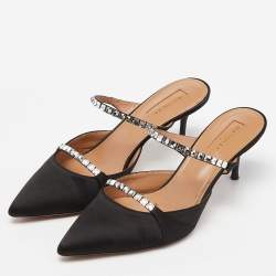 Pre Owned Aquazzura Black Satin Crystal Embellished Mule Sandals Size 36.5