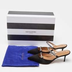 Pre Owned Aquazzura Black Satin Crystal Embellished Mule Sandals Size 36.5