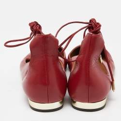 Pre Owned Aquazzura Red Leather Christy Ankle Tie Ballet Flats Size 40