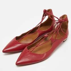 Pre Owned Aquazzura Red Leather Christy Ankle Tie Ballet Flats Size 40