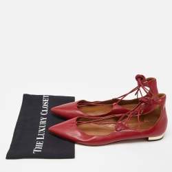 Pre Owned Aquazzura Red Leather Christy Ankle Tie Ballet Flats Size 40