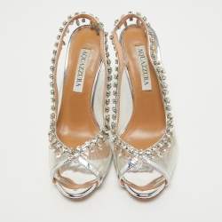 Aquazzura Silver Leather and PVC Temptation Slingback Pumps Size 37