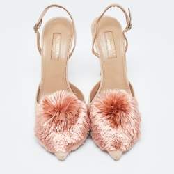 Pre Owned Aquazzura Beige Suede Pom Pom Pointed Toe Ankle Strap Pumps Size 38