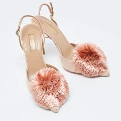 Pre Owned Aquazzura Beige Suede Pom Pom Pointed Toe Ankle Strap Pumps Size 38