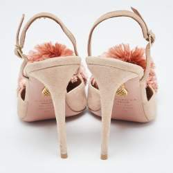 Pre Owned Aquazzura Beige Suede Pom Pom Pointed Toe Ankle Strap Pumps Size 38