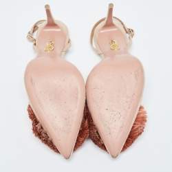 Pre Owned Aquazzura Beige Suede Pom Pom Pointed Toe Ankle Strap Pumps Size 38