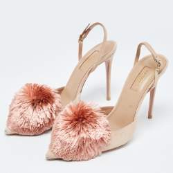 Pre Owned Aquazzura Beige Suede Pom Pom Pointed Toe Ankle Strap Pumps Size 38