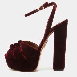 Pre Owned Aquazzura Burgundy Velvet Mira Ankle Straps Sandals Size 37
