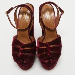 Pre Owned Aquazzura Burgundy Velvet Mira Ankle Straps Sandals Size 37
