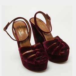 Pre Owned Aquazzura Burgundy Velvet Mira Ankle Straps Sandals Size 37