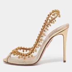 Pre Owned Aquazzura Gold Leather and PVC Temptation Slingback Pumps Size 37
