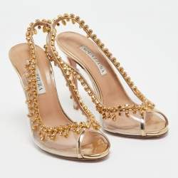 Pre Owned Aquazzura Gold Leather and PVC Temptation Slingback Pumps Size 37