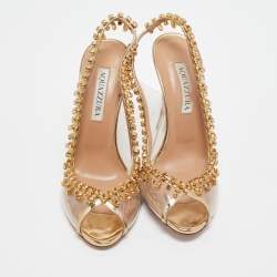 Pre Owned Aquazzura Gold Leather and PVC Temptation Slingback Pumps Size 37