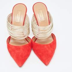 مملوكة مسبقًا Aquazzura Red/Gold Suede and Leather Rendez Vous Slides Size  36.5
