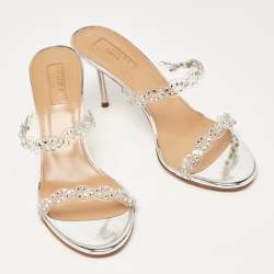 Aquazzura Transparent PVC and Crystal Embellished Strappy Slide Sandals Size 38