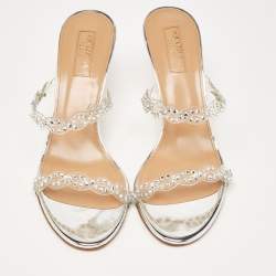 Aquazzura Transparent PVC and Crystal Embellished Strappy Slide Sandals Size 38