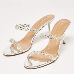Aquazzura Transparent PVC and Crystal Embellished Strappy Slide Sandals Size 38