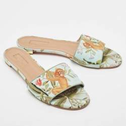 Pre Owned Aquazzura Turquoise Fabric Tropical Monkey Print Flat Slides Size 39.5