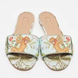 Pre Owned Aquazzura Turquoise Fabric Tropical Monkey Print Flat Slides Size 39.5