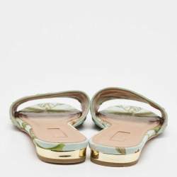 Pre Owned Aquazzura Turquoise Fabric Tropical Monkey Print Flat Slides Size 39.5