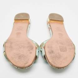 Pre Owned Aquazzura Turquoise Fabric Tropical Monkey Print Flat Slides Size 39.5